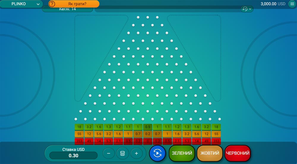 Стартовий дисплей гри Plinko, де видно основний екран із кнопкою 'Старт', налаштуваннями ставок та опціями для початку гри